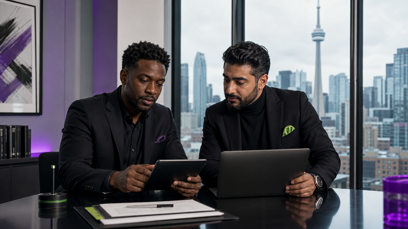 A host and producer reviewing the same final contract file